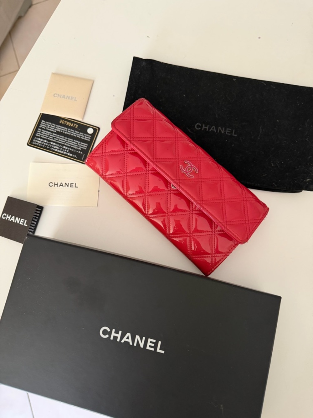 CHANEL Quilted Patent Leather Long Wallet in Bright Red